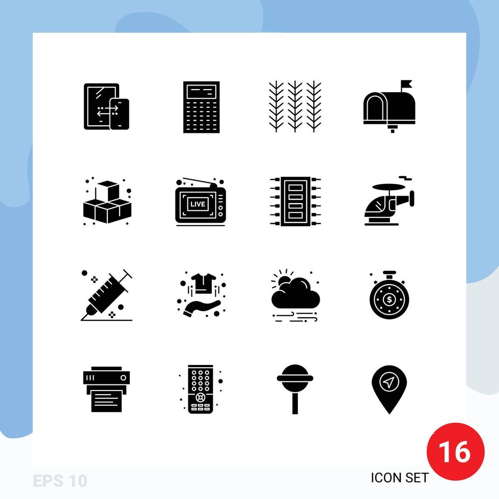 16 User Interface Solid Glyph Pack of modern Signs and Symbols of cubes email cereal contact us communication Editable Vector Design Elements