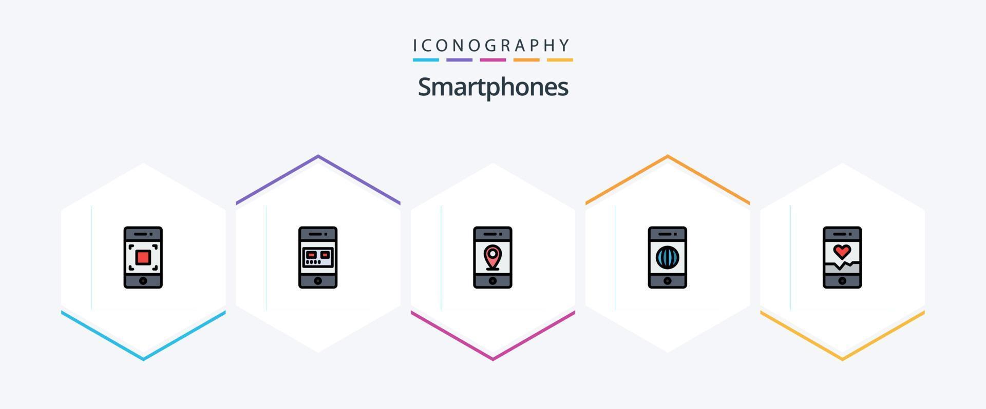 Smartphones 25 FilledLine icon pack including analysis. internet. store. electronics. signs vector