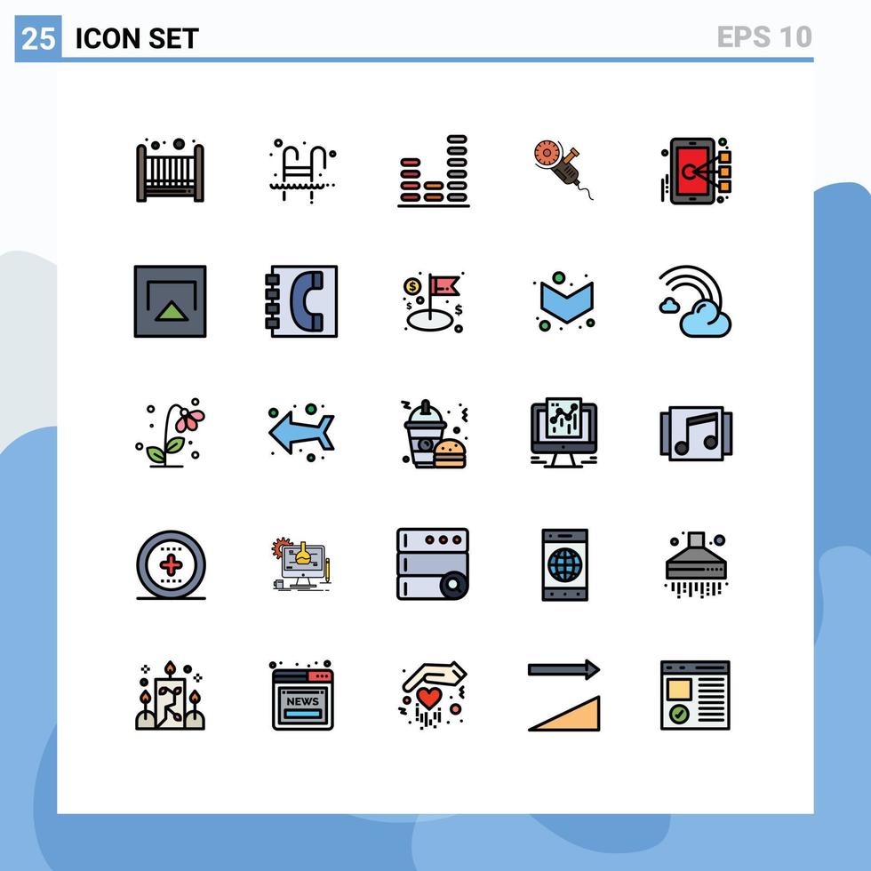 Modern Set of 25 Filled line Flat Colors and symbols such as cell tool audio power saw Editable Vector Design Elements