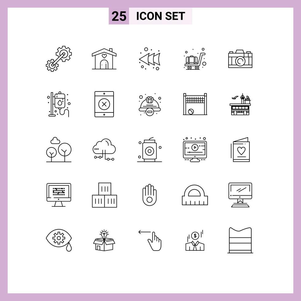 Stock Vector Icon Pack of 25 Line Signs and Symbols for drip picture arrow camera luggage Editable Vector Design Elements