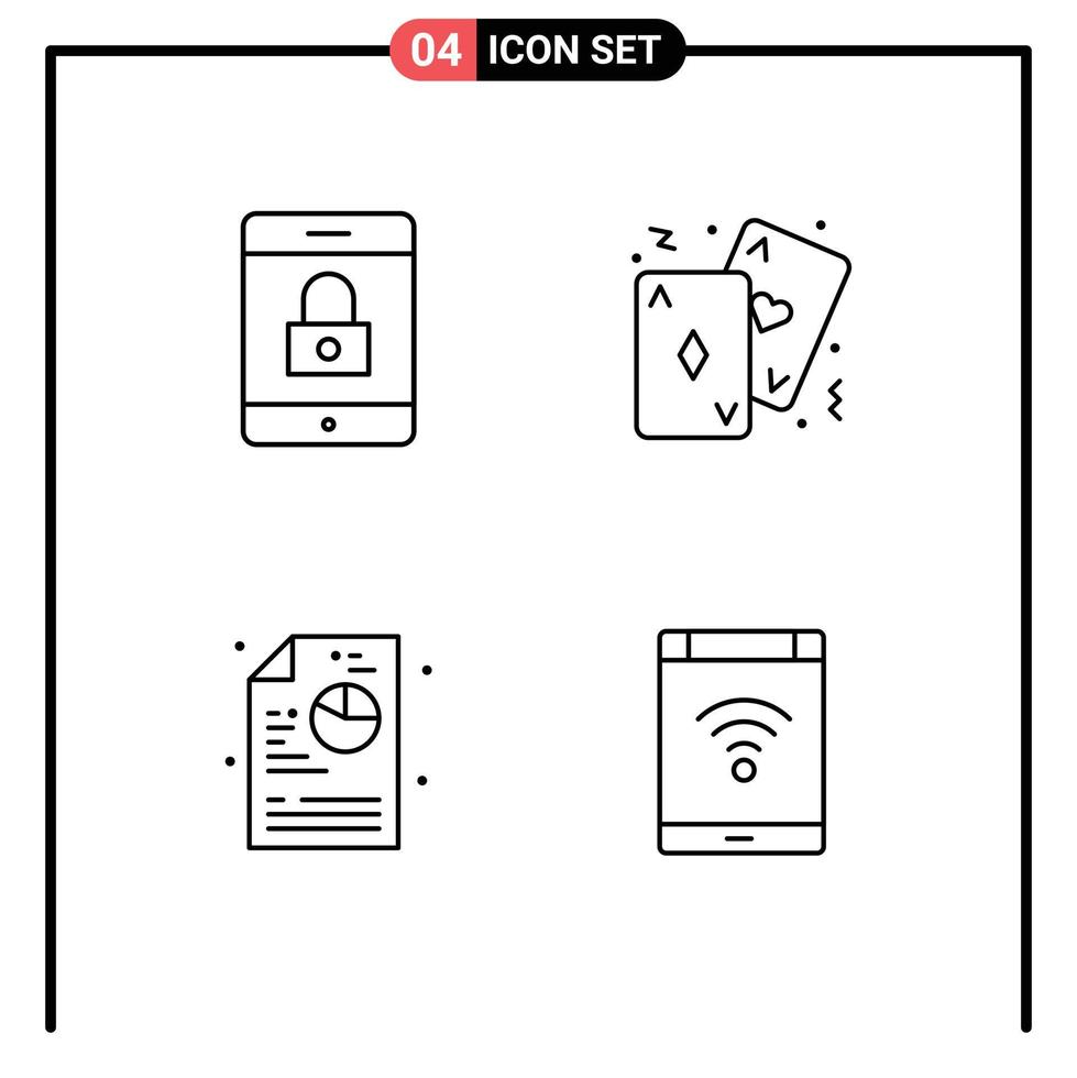 Mobile Interface Line Set of 4 Pictograms of encryption process cards casino connection Editable Vector Design Elements