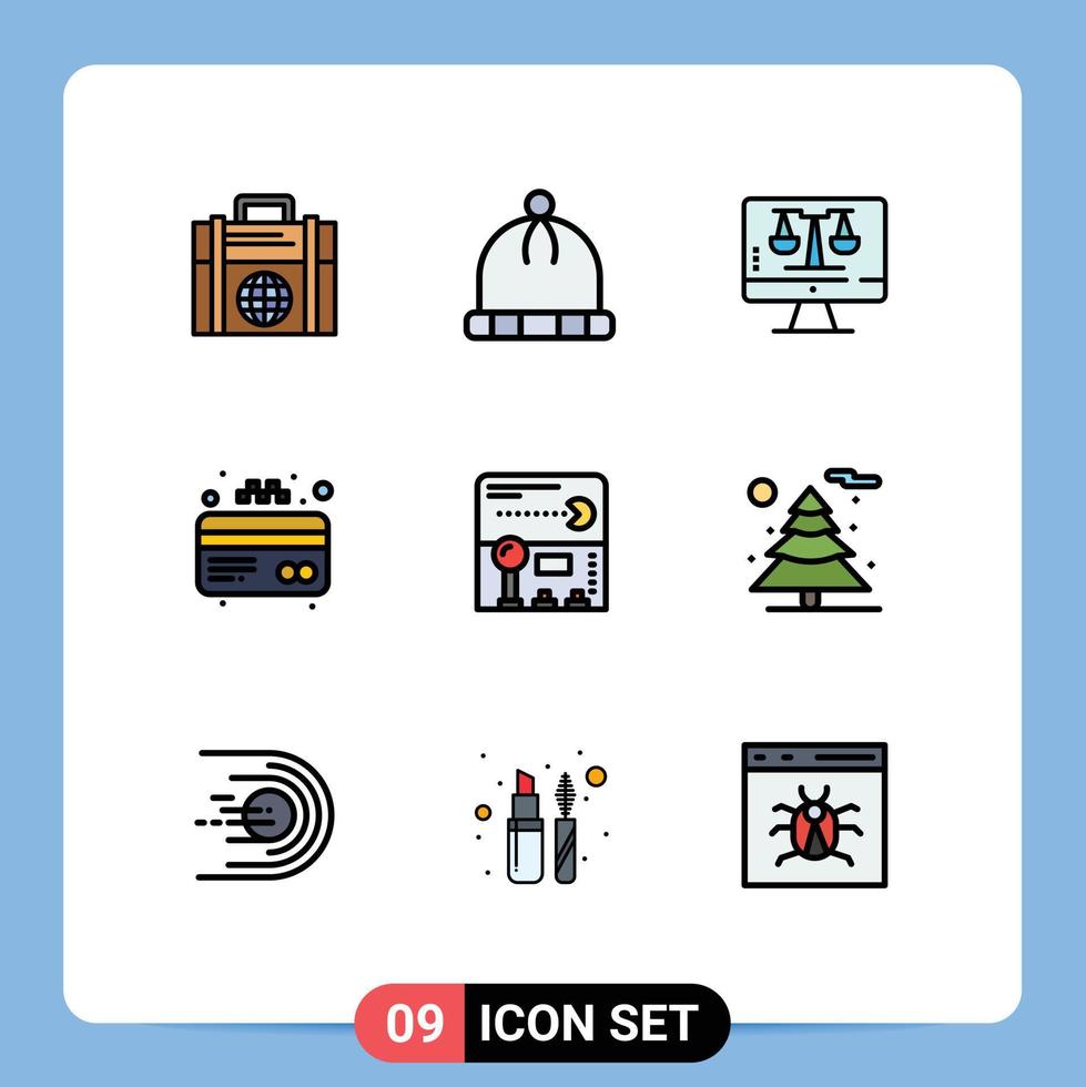 Pack of 9 creative Filledline Flat Colors of game pacman computer joystick card Editable Vector Design Elements