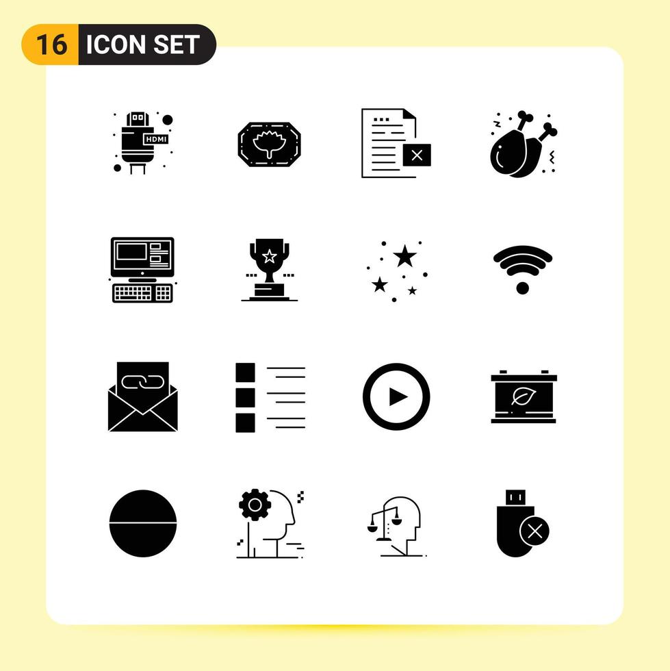 16 Universal Solid Glyphs Set for Web and Mobile Applications system computer document leg fast food Editable Vector Design Elements