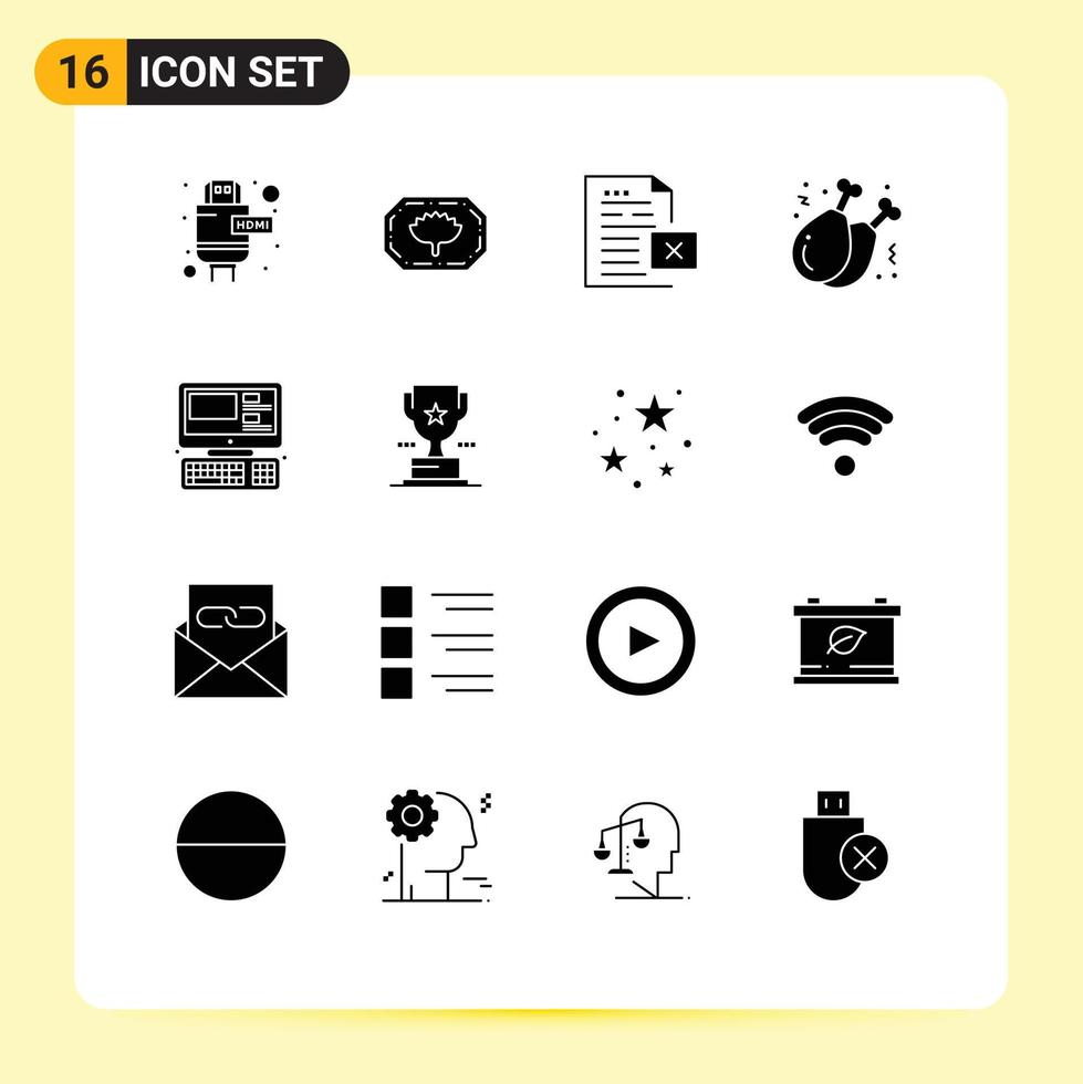 dieciséis universal sólido glifos conjunto para web y móvil aplicaciones sistema computadora documento pierna rápido comida editable vector diseño elementos