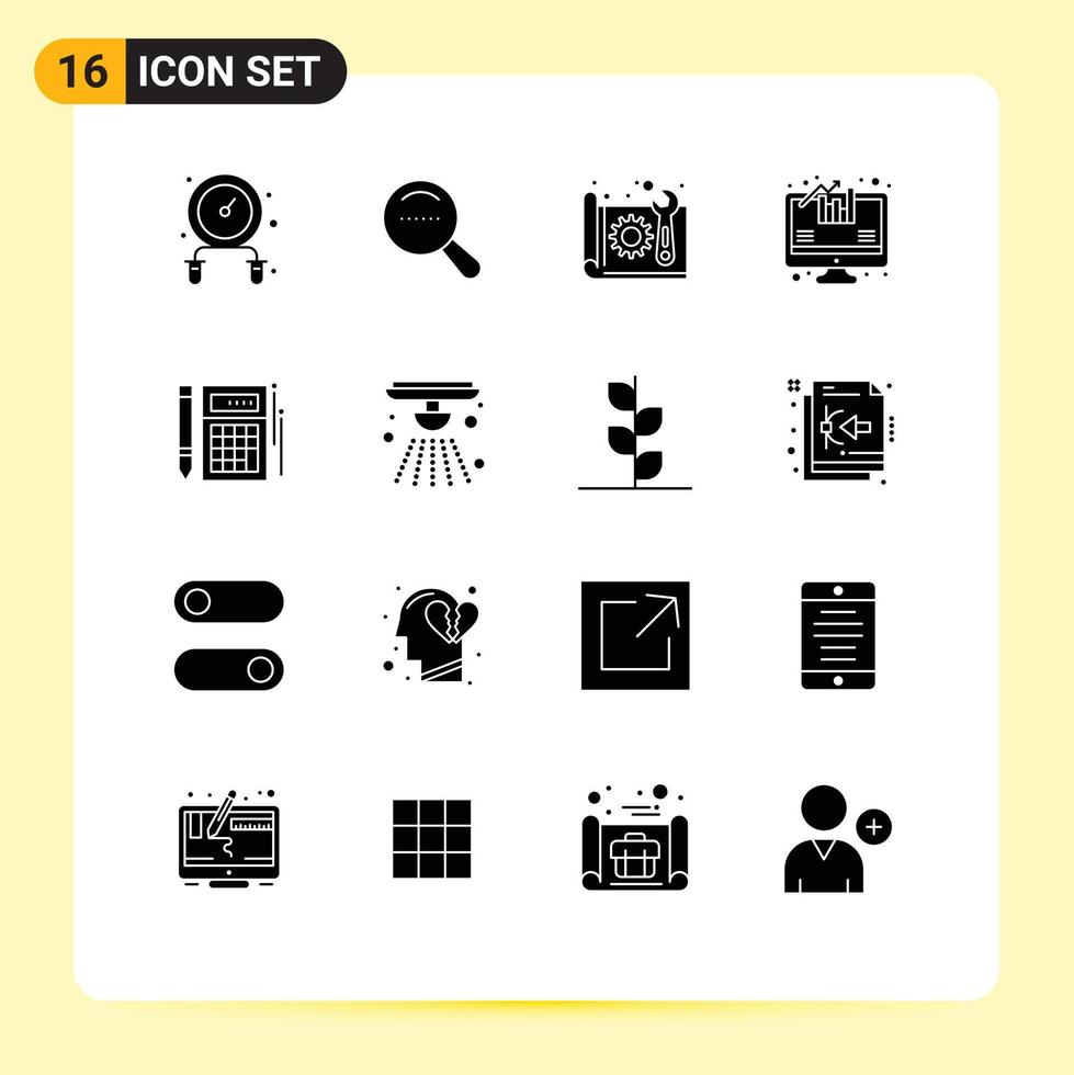Group of 16 Solid Glyphs Signs and Symbols for financial calc construction budget analytics Editable Vector Design Elements