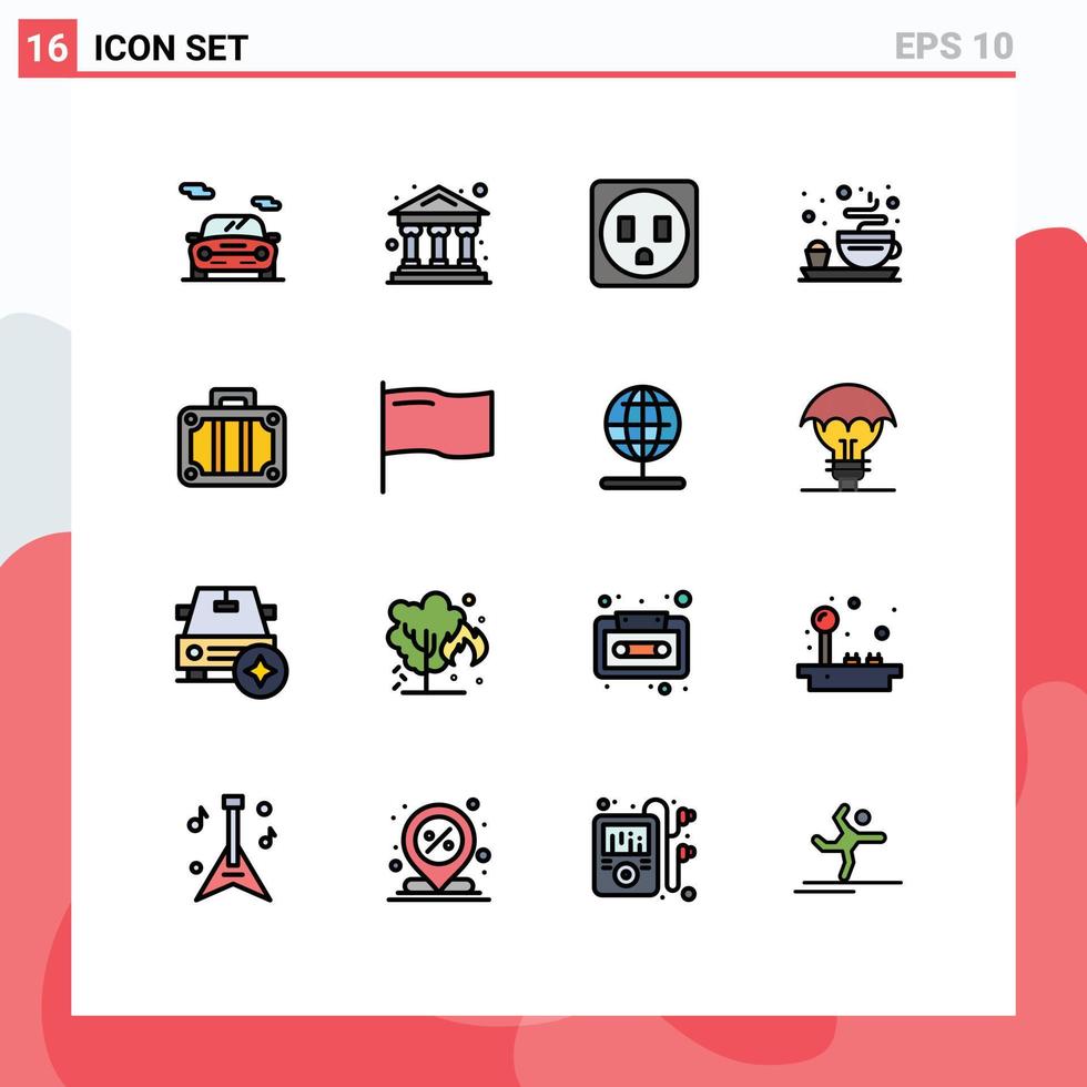 User Interface Pack of 16 Basic Flat Color Filled Lines of flag travel socket transportation beach Editable Creative Vector Design Elements