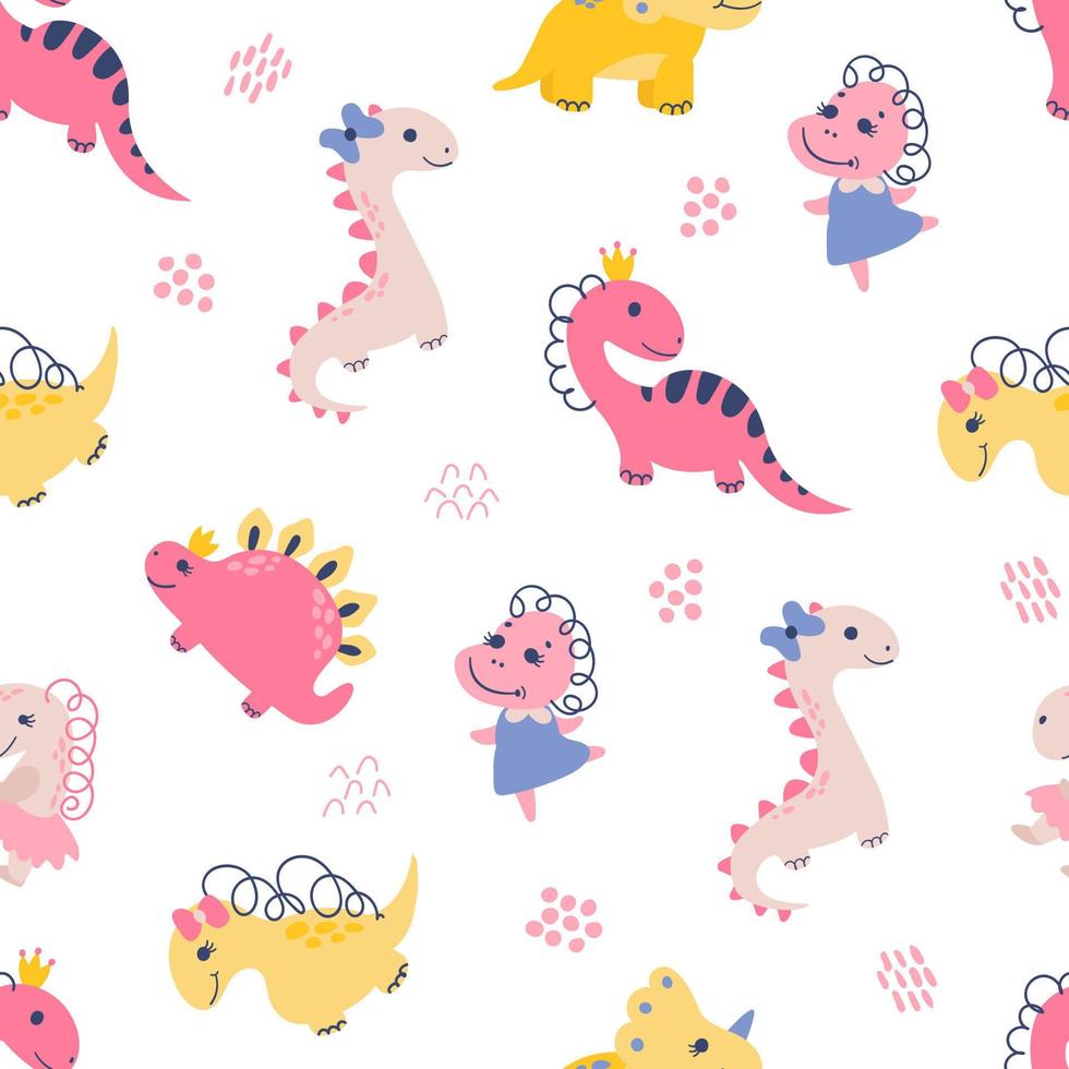 Seamless pattern with dino girls. Design for fabric, textile, wallpaper, packaging. vector