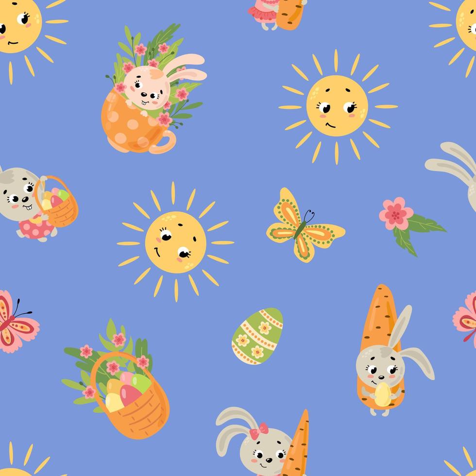 Easter seamless pattern. Rabbits, sun, butterflies. Design for fabric, textile, wallpaper, packaging. vector