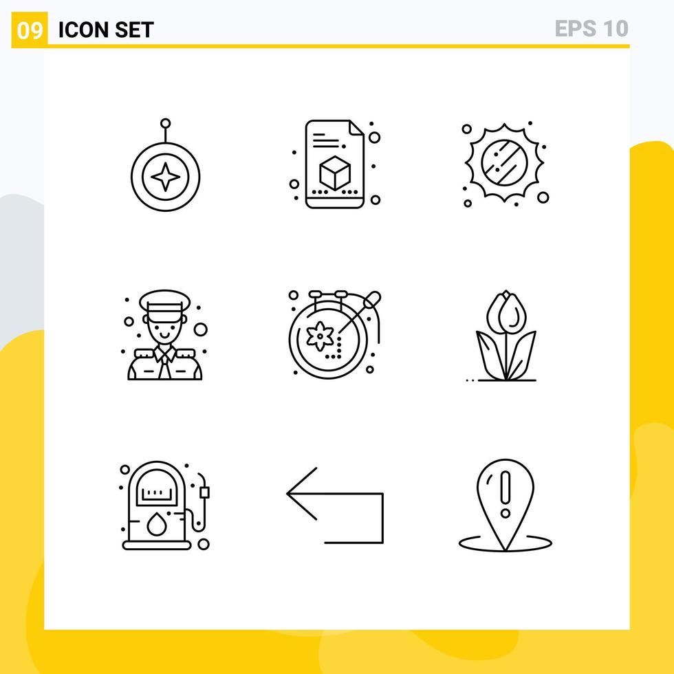 Pack of 9 creative Outlines of design art sun transportation avatar Editable Vector Design Elements