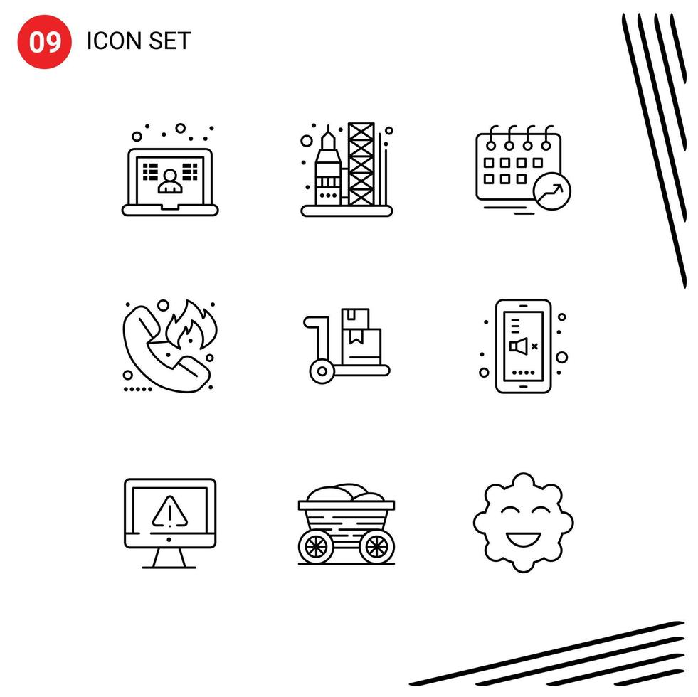 9 Universal Outline Signs Symbols of hotline fire appointment emergency arrow Editable Vector Design Elements