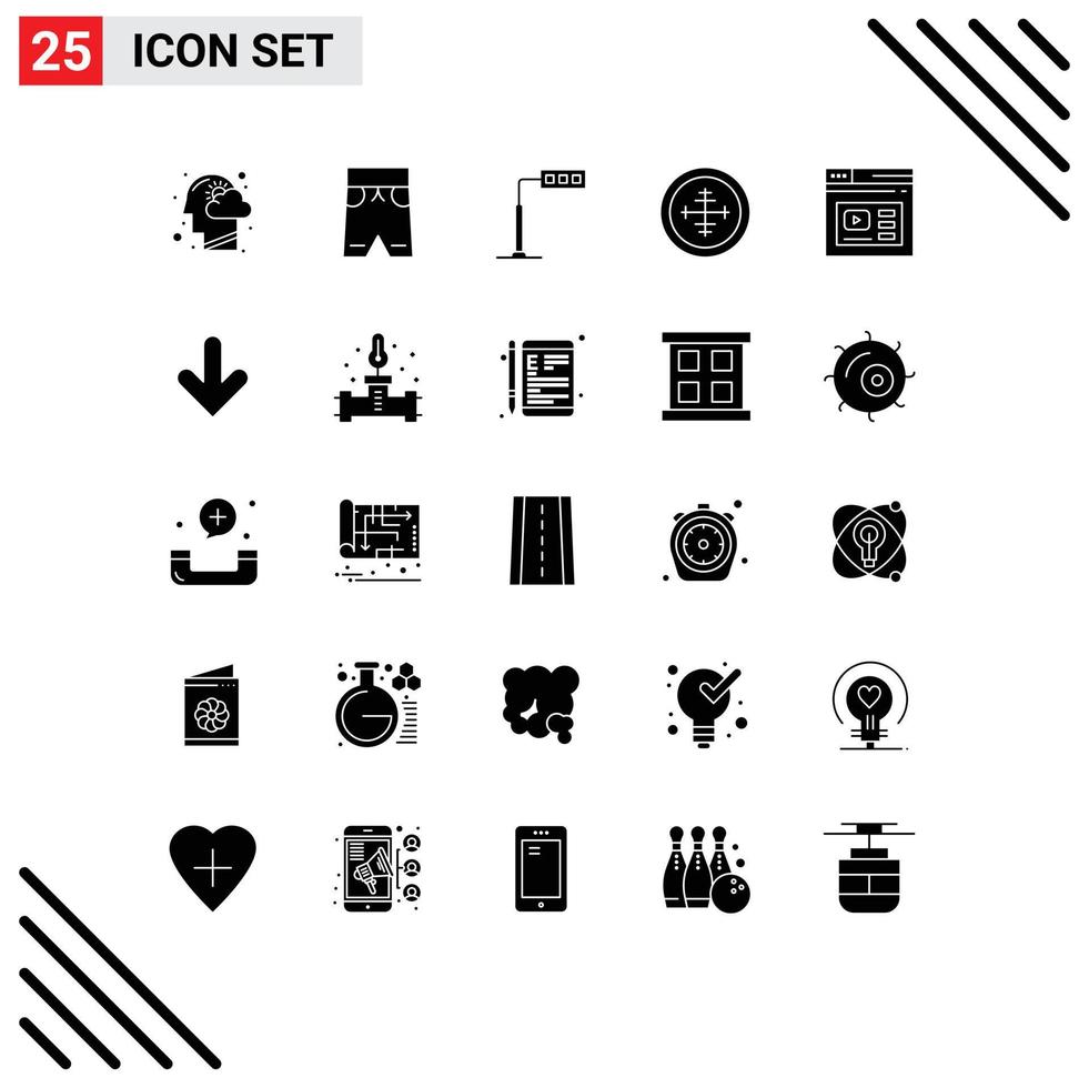 Pictogram Set of 25 Simple Solid Glyphs of target military shorts badge road Editable Vector Design Elements