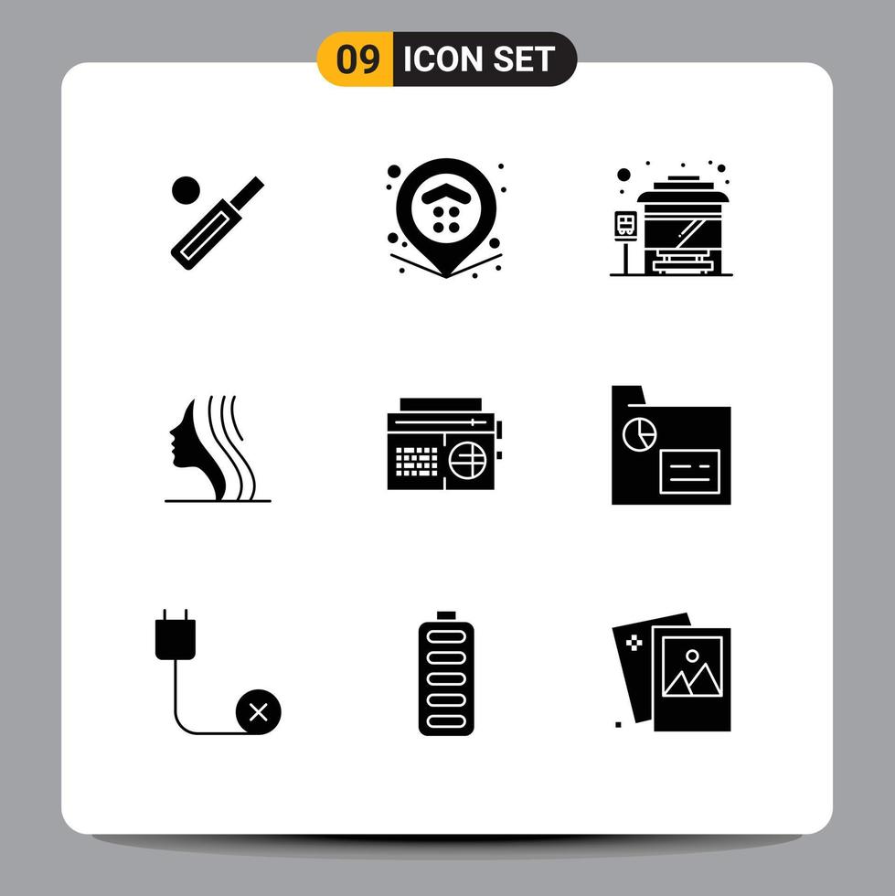 Set of 9 Commercial Solid Glyphs pack for music face estate girl female Editable Vector Design Elements
