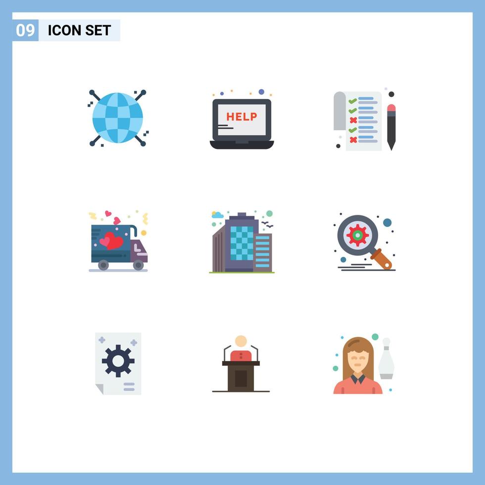 User Interface Pack of 9 Basic Flat Colors of office building list truck love Editable Vector Design Elements