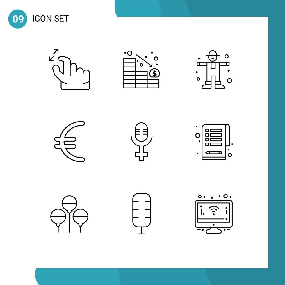 Outline Pack of 9 Universal Symbols of checklist microphone character finance currency Editable Vector Design Elements
