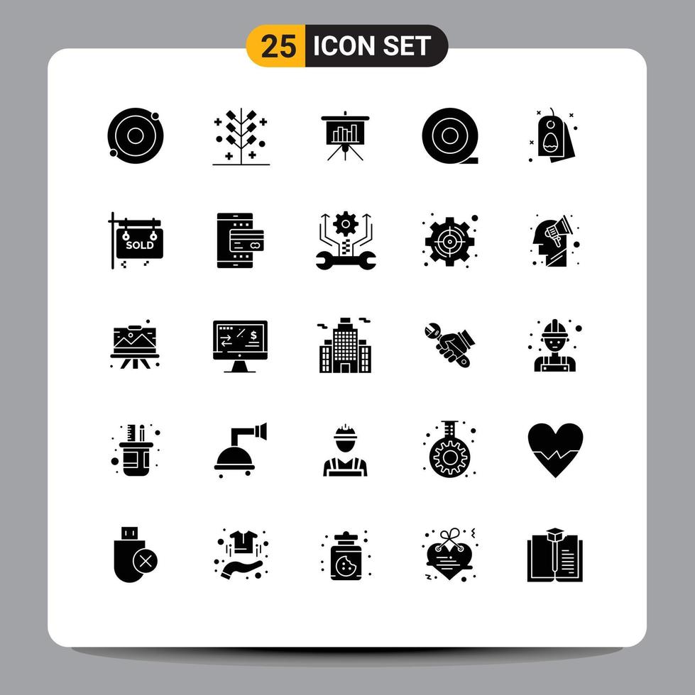 Mobile Interface Solid Glyph Set of 25 Pictograms of board easter presentation egg tape Editable Vector Design Elements