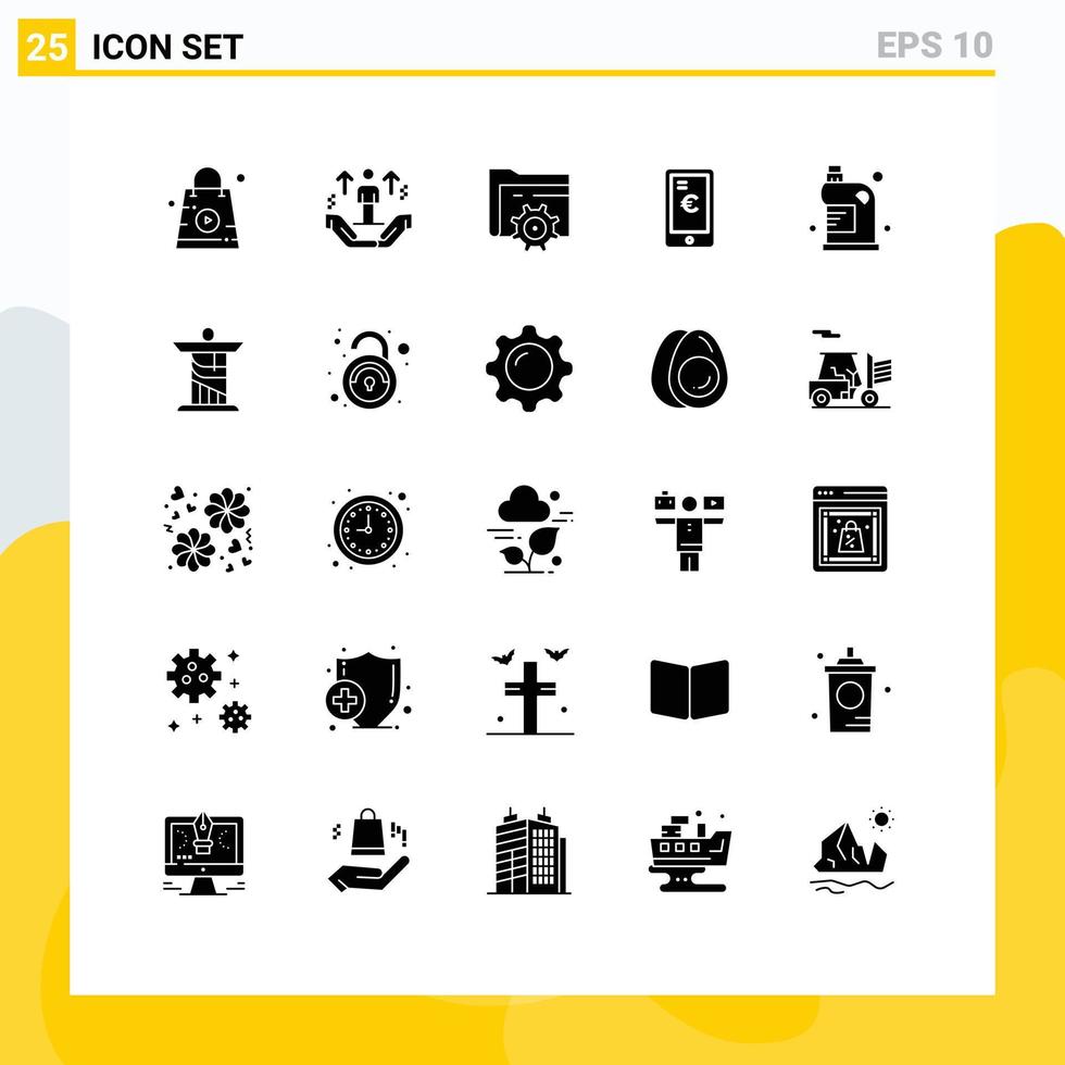 Pack of 25 Modern Solid Glyphs Signs and Symbols for Web Print Media such as clean euro arrow payment computing Editable Vector Design Elements