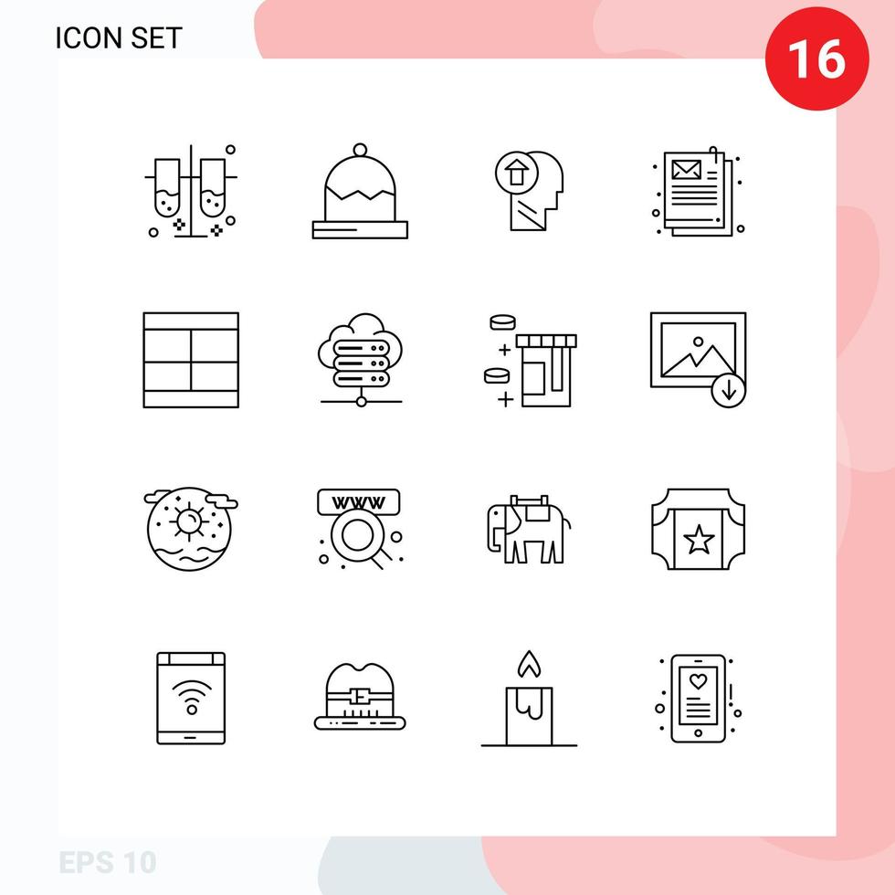 16 User Interface Outline Pack of modern Signs and Symbols of create email arrow document mind Editable Vector Design Elements