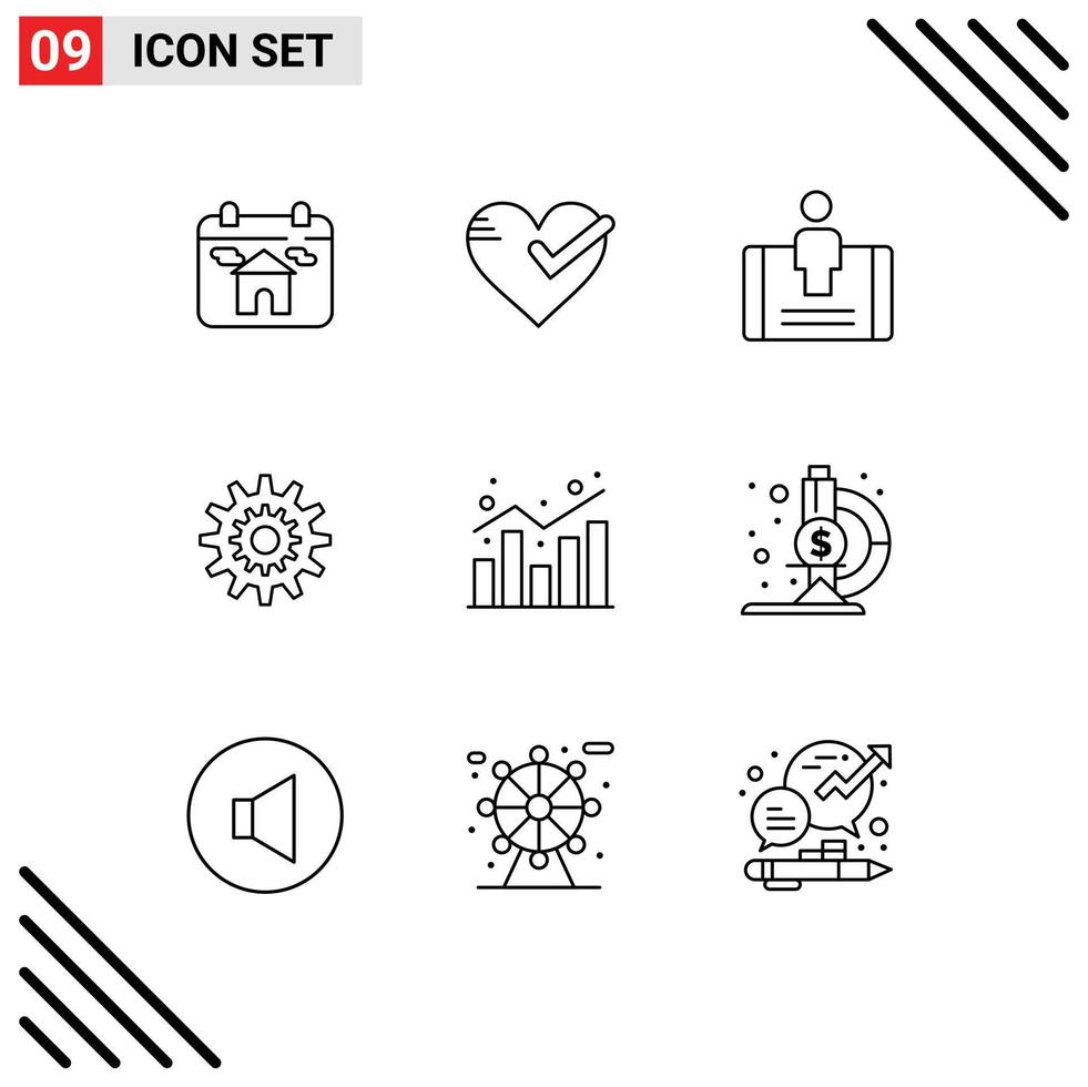 Group of 9 Modern Outlines Set for system gear tick cog social Editable Vector Design Elements