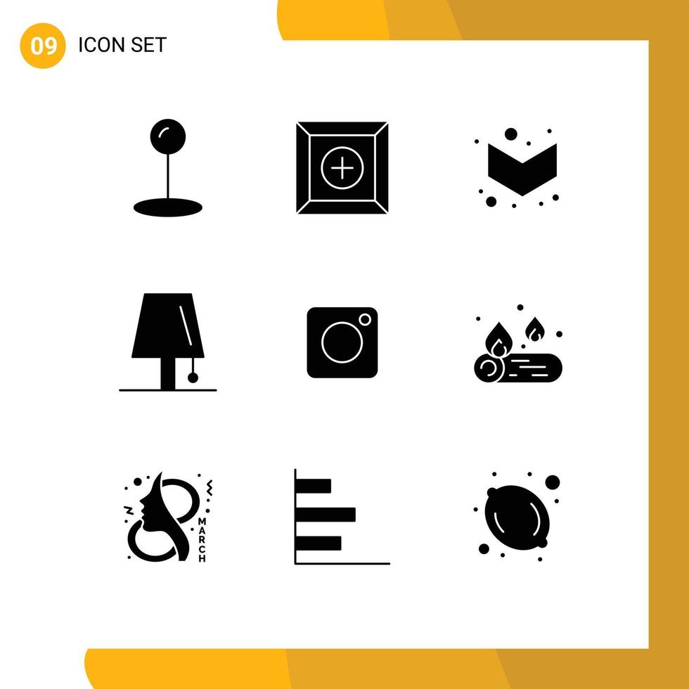 Universal Icon Symbols Group of 9 Modern Solid Glyphs of camp photo design instagram lightning Editable Vector Design Elements