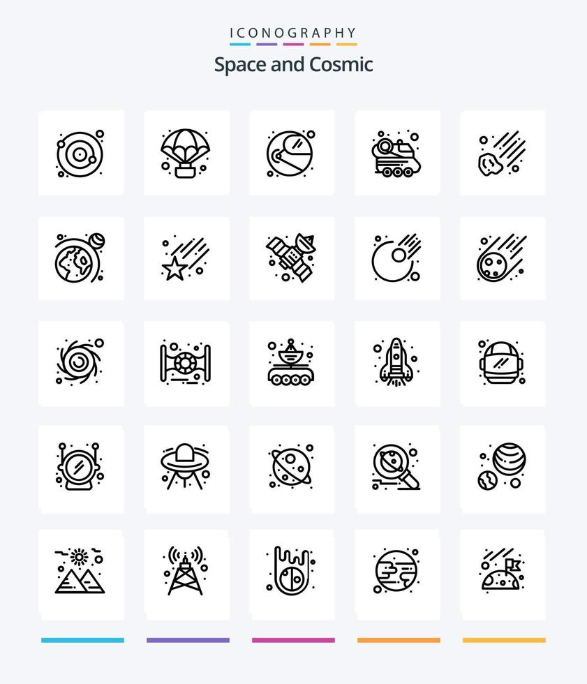 Creative Space 25 OutLine icon pack  Such As meteorite. spacecraft. astronaut. space car. automobile vector