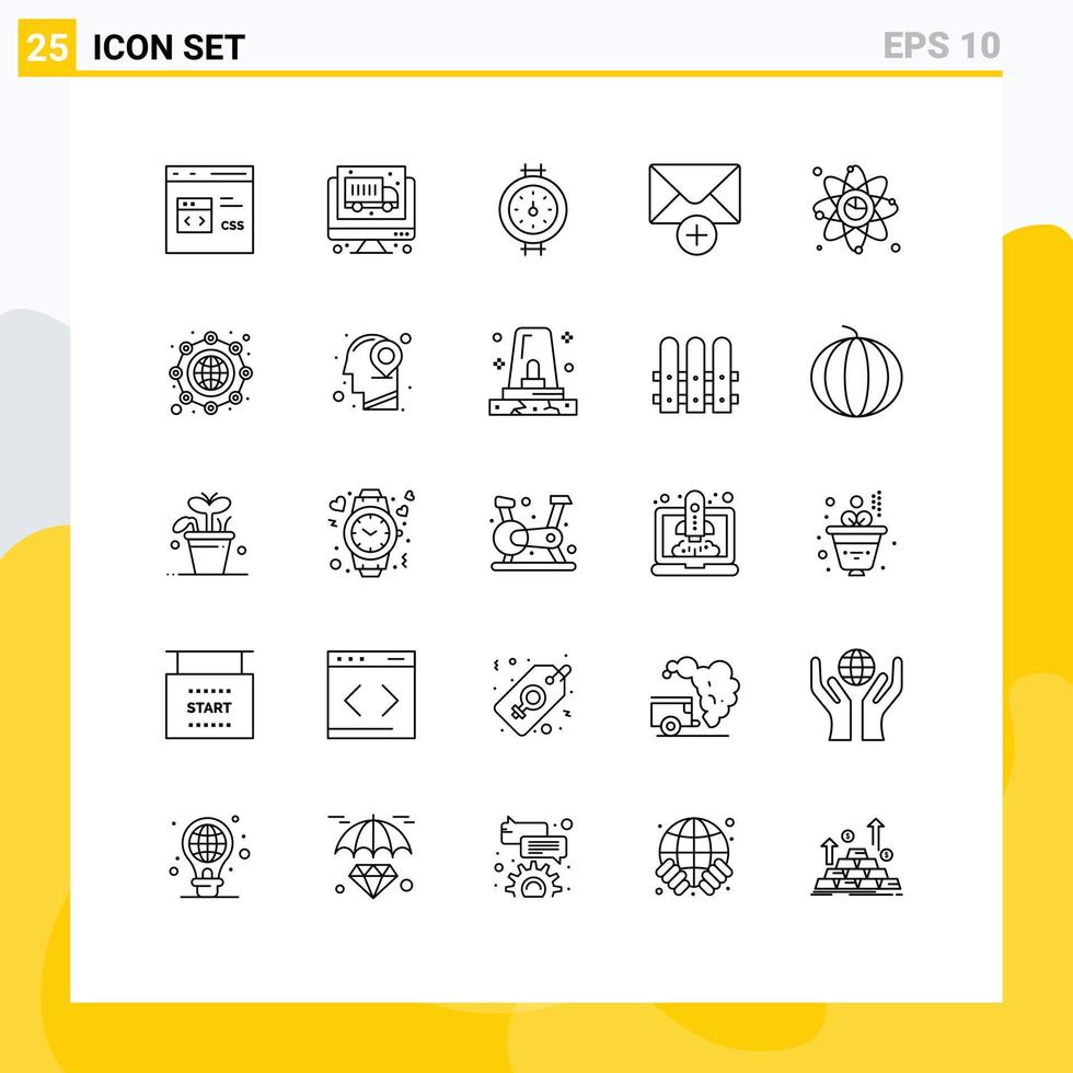 Set of 25 Modern UI Icons Symbols Signs for link connection gauge atom message Editable Vector Design Elements