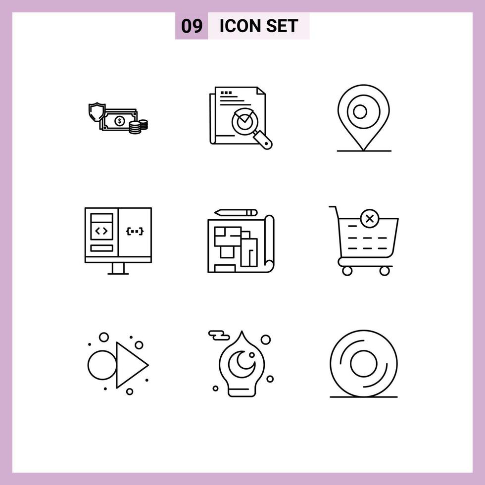 Pack of 9 Modern Outlines Signs and Symbols for Web Print Media such as computer app search bangladash location Editable Vector Design Elements