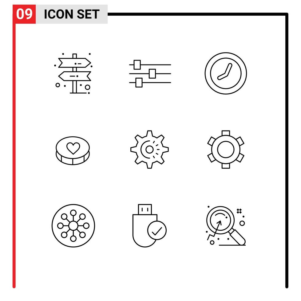 9 Universal Outline Signs Symbols of basic setting watch gear loves Editable Vector Design Elements