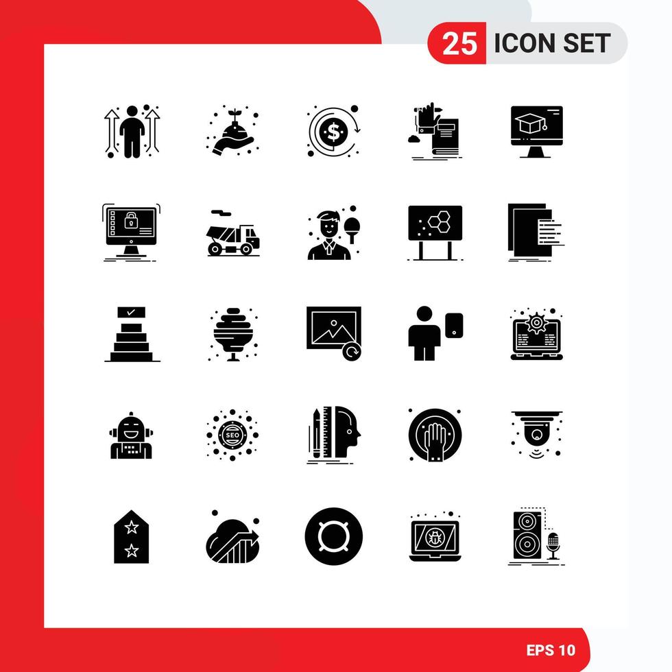 25 Universal Solid Glyphs Set for Web and Mobile Applications cap growth currency progress knowledge Editable Vector Design Elements