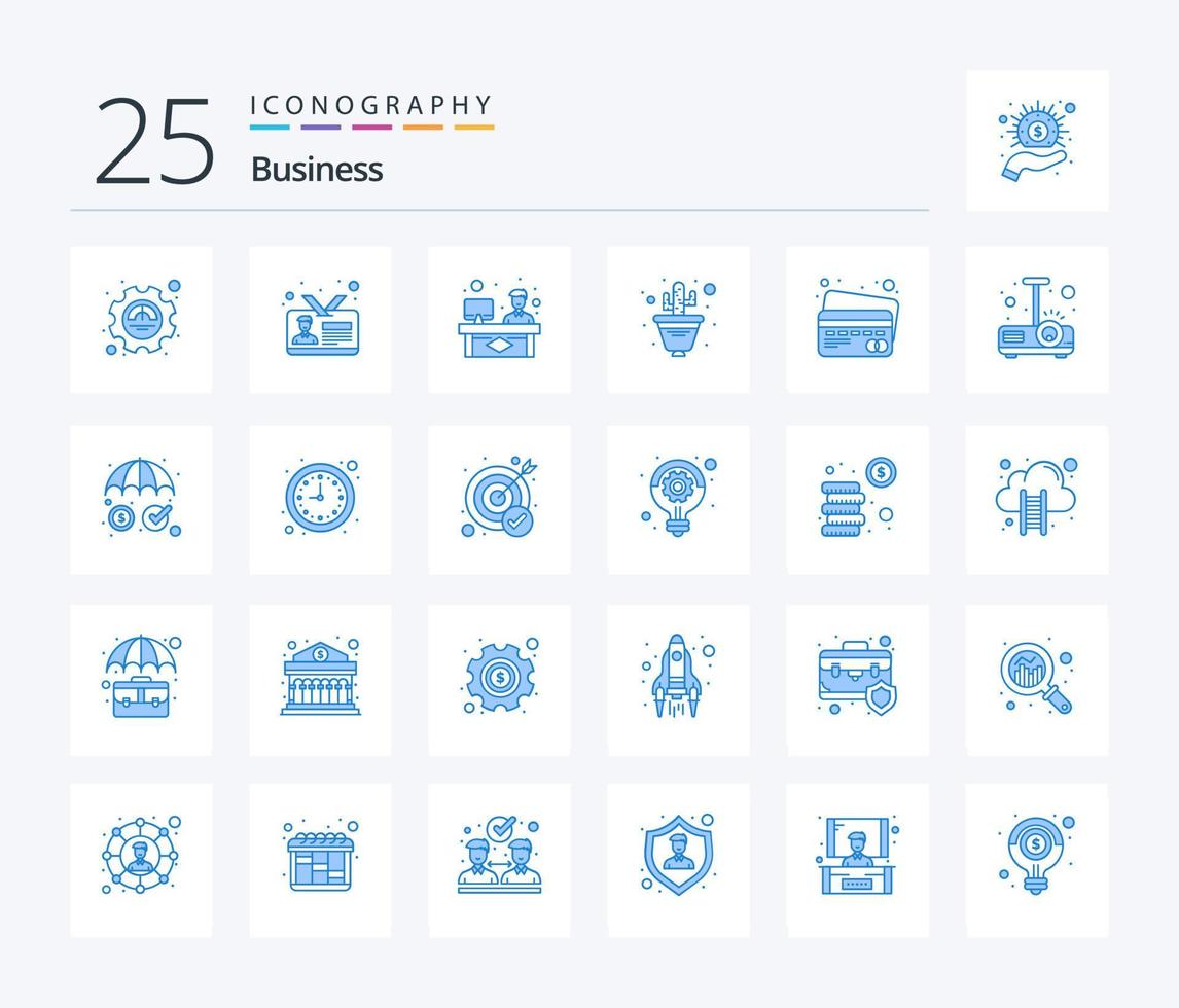 Business 25 Blue Color icon pack including card. plant. employee card. flower. working vector