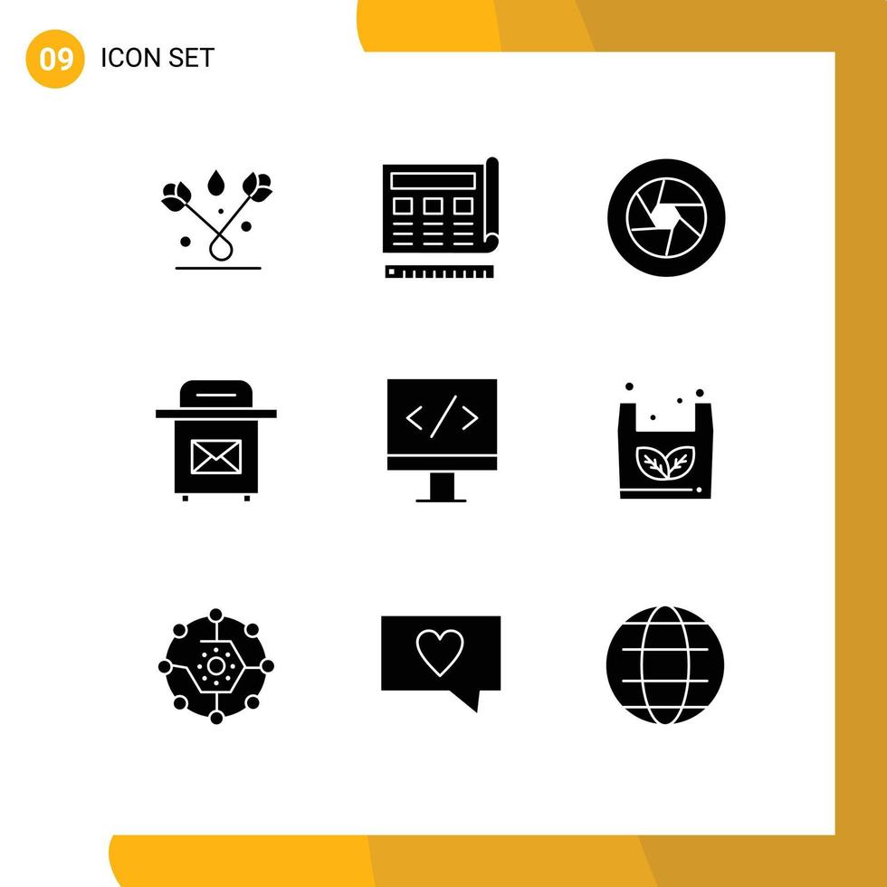 Solid Glyph Pack of 9 Universal Symbols of computer post web mail movie Editable Vector Design Elements