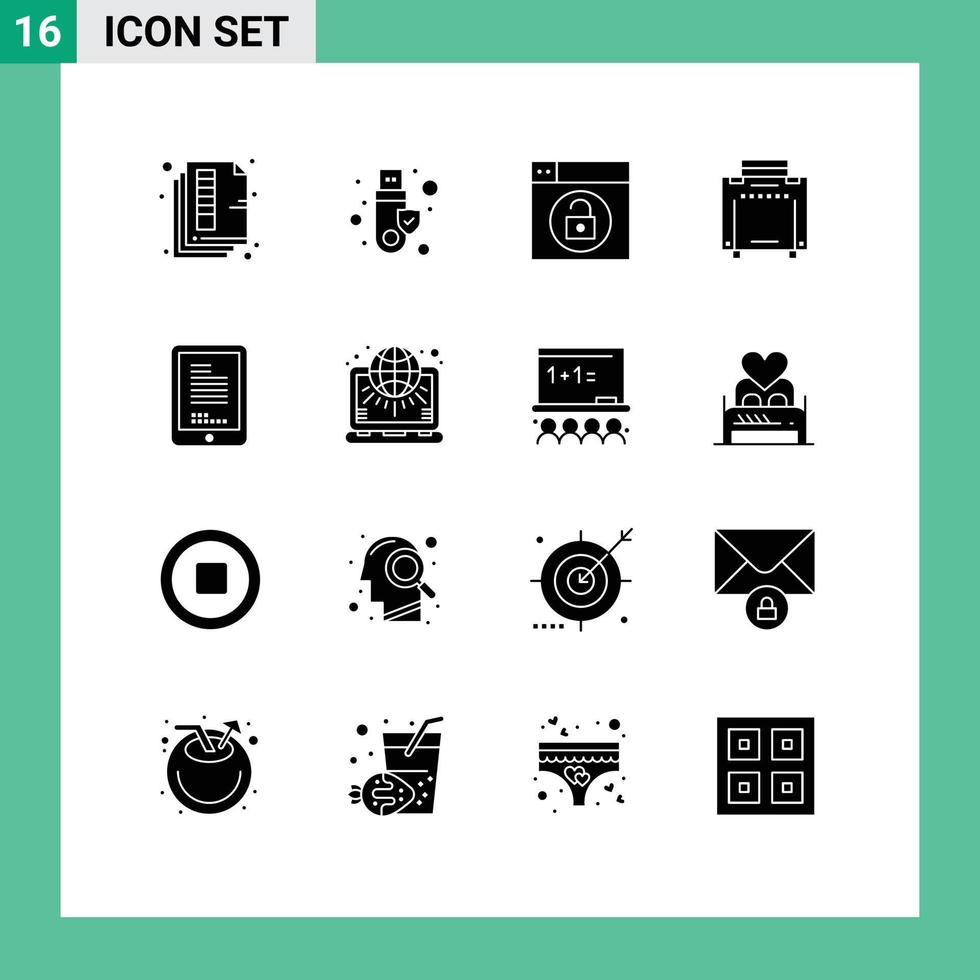 Group of 16 Modern Solid Glyphs Set for coding travel usb tourist unlock Editable Vector Design Elements