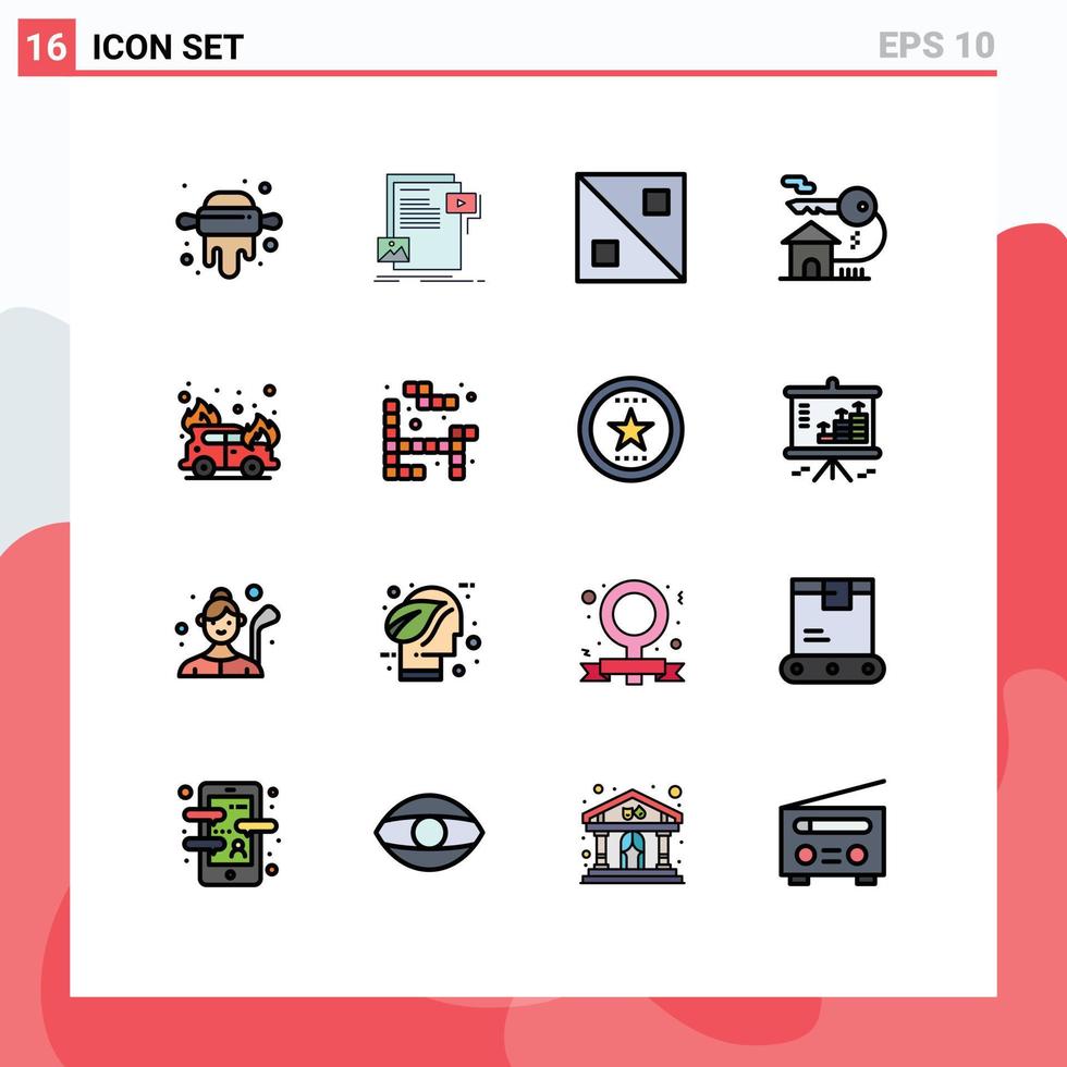 Modern Set of 16 Flat Color Filled Lines Pictograph of firefighter car cross key house Editable Creative Vector Design Elements