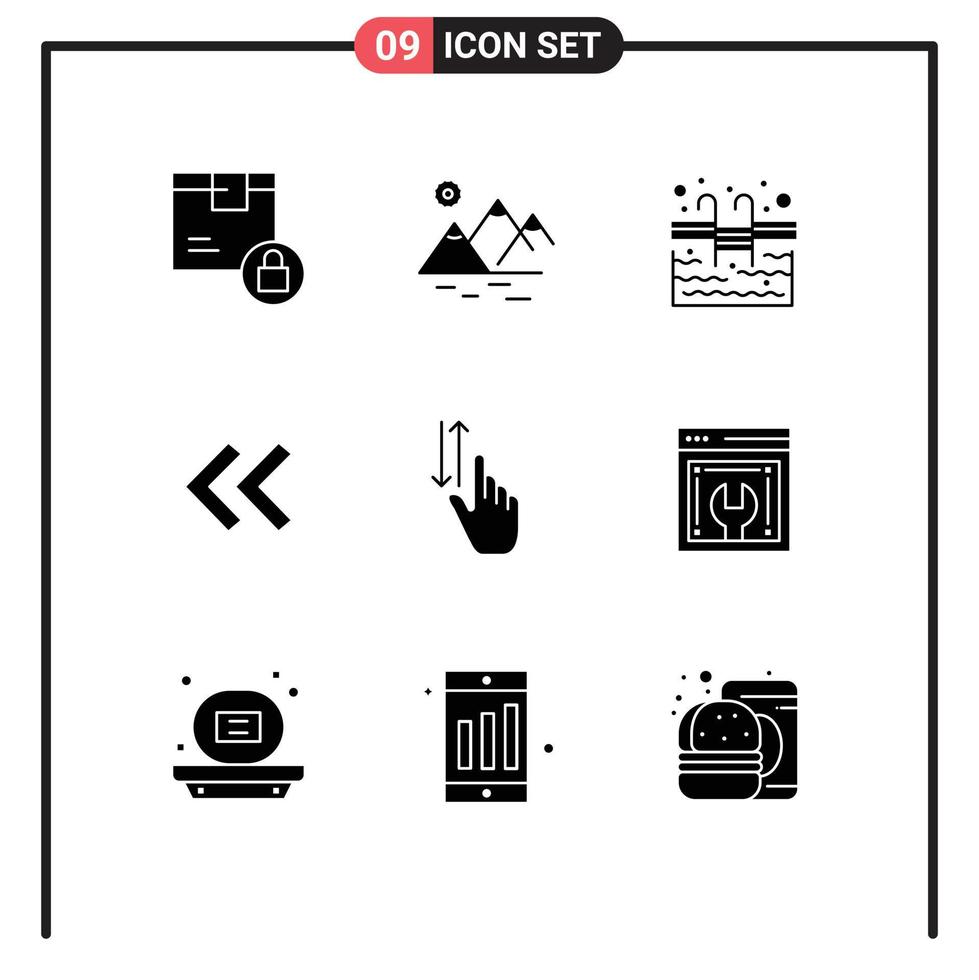 Pack of 9 creative Solid Glyphs of gestures back farming arrows swimming Editable Vector Design Elements