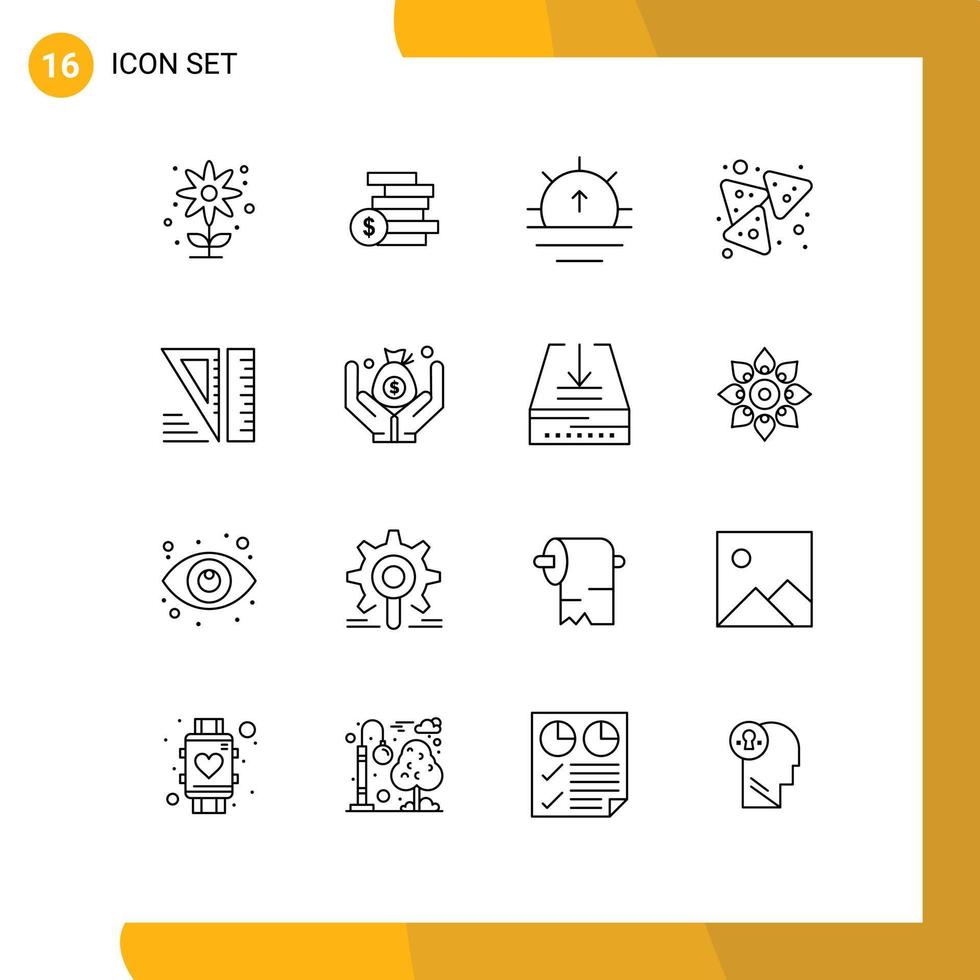 Universal Icon Symbols Group of 16 Modern Outlines of geometrical snack nature nachos chips Editable Vector Design Elements