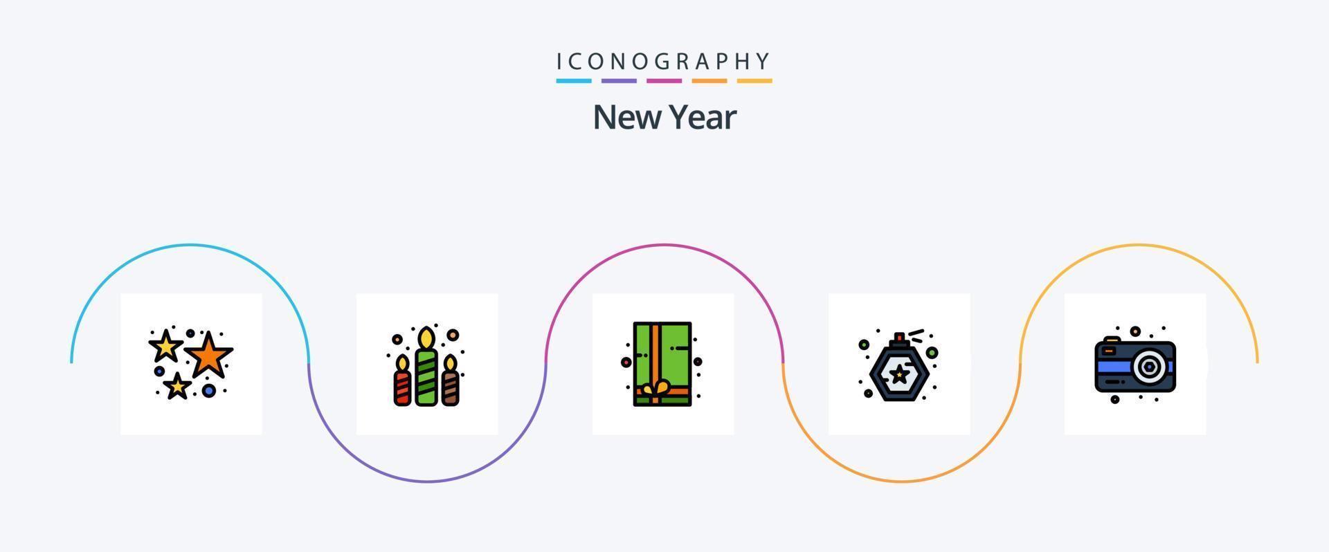 nuevo año línea lleno plano 5 5 icono paquete incluso fotografía. cámara. fiesta. rociar. botella vector