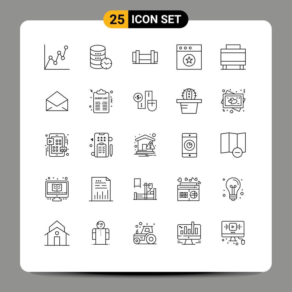 Modern Set of 25 Lines Pictograph of mail travel dumbbells suitcase mac Editable Vector Design Elements