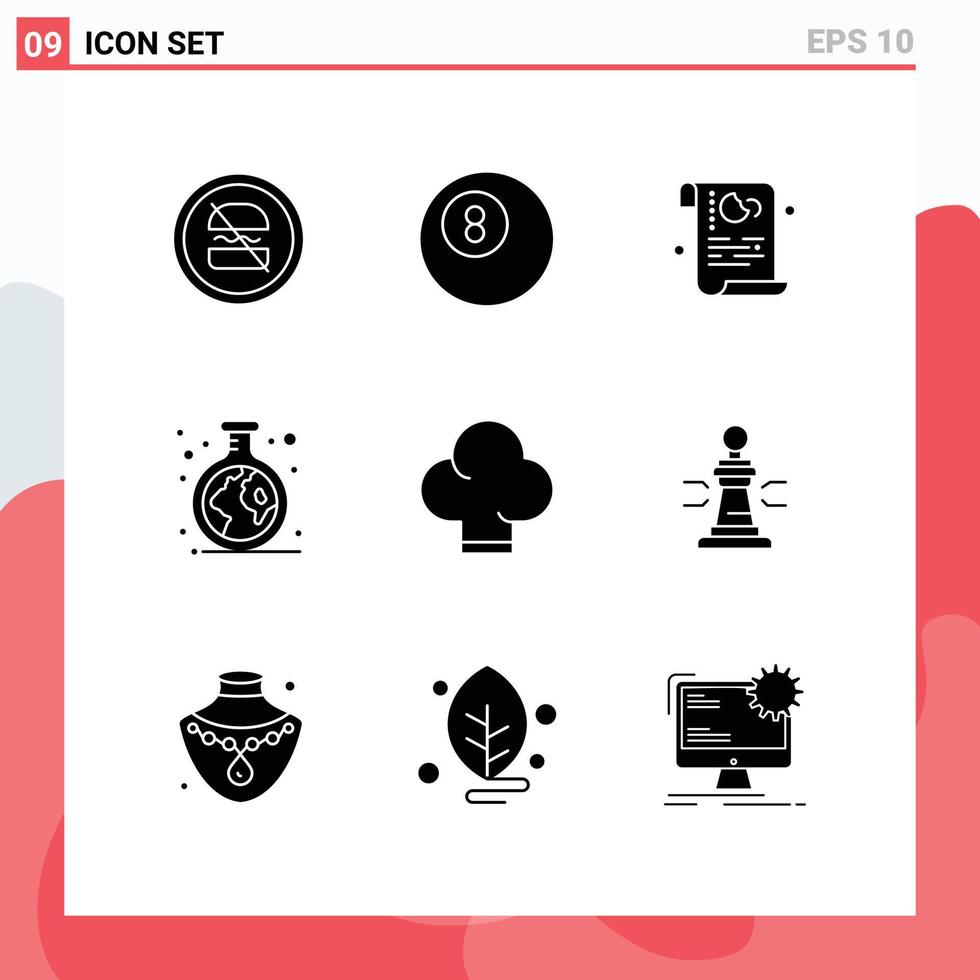 Group of 9 Modern Solid Glyphs Set for food tube data study chemistry Editable Vector Design Elements