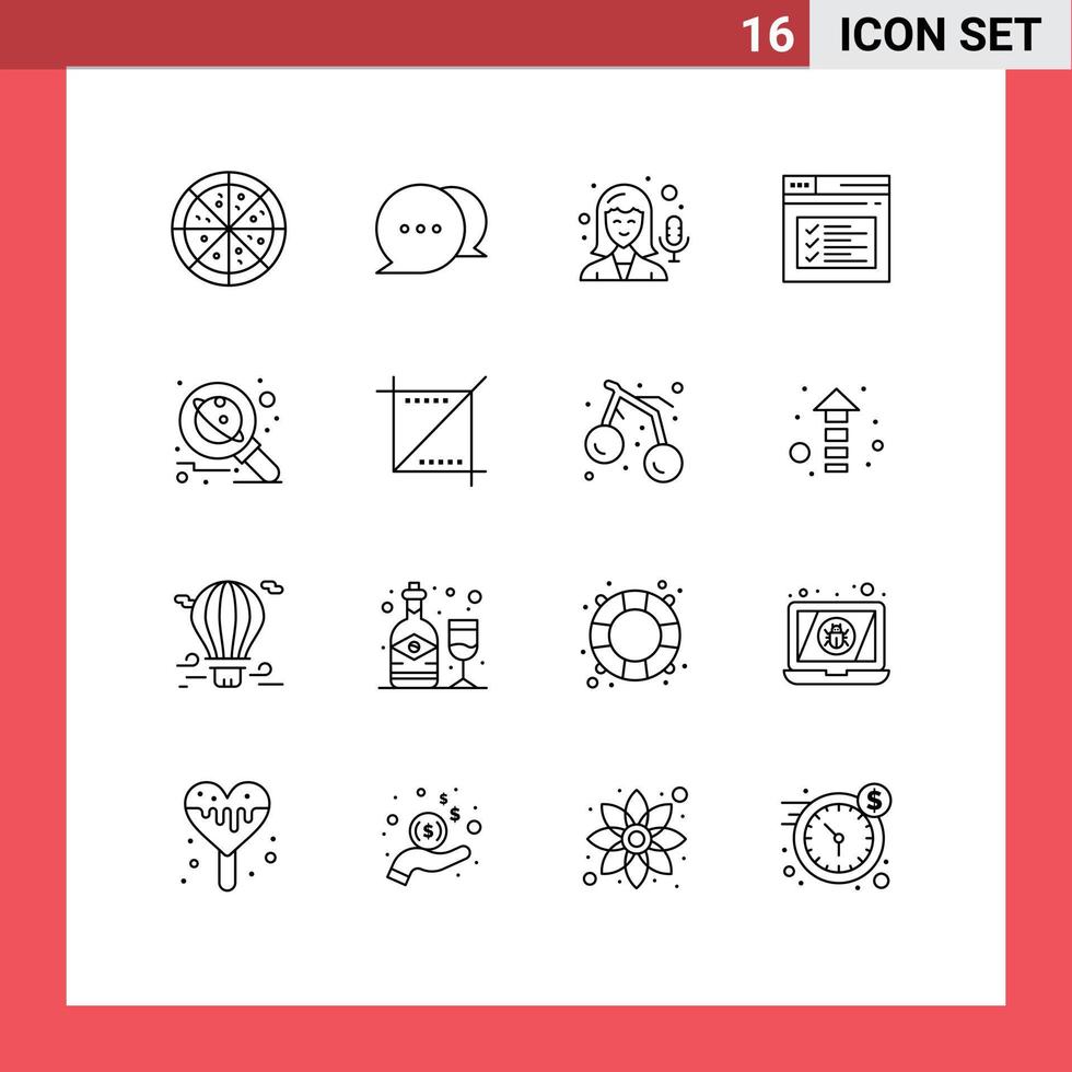 Mobile Interface Outline Set of 16 Pictograms of space research internet planet text Editable Vector Design Elements