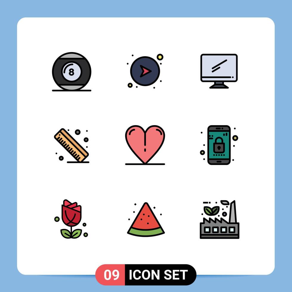 Set of 9 Modern UI Icons Symbols Signs for heart ruler right measure imac Editable Vector Design Elements