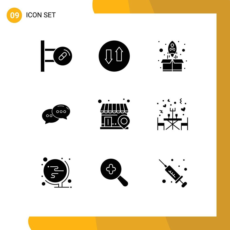 Group of 9 Solid Glyphs Signs and Symbols for local dialogue rocket conversation chat Editable Vector Design Elements