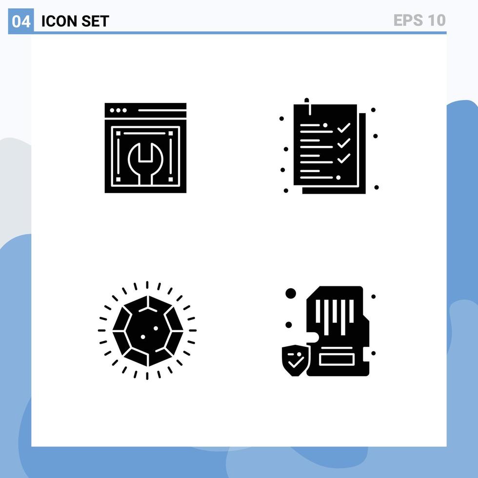 Modern Set of 4 Solid Glyphs and symbols such as web advancement jewel web maintenance list card Editable Vector Design Elements