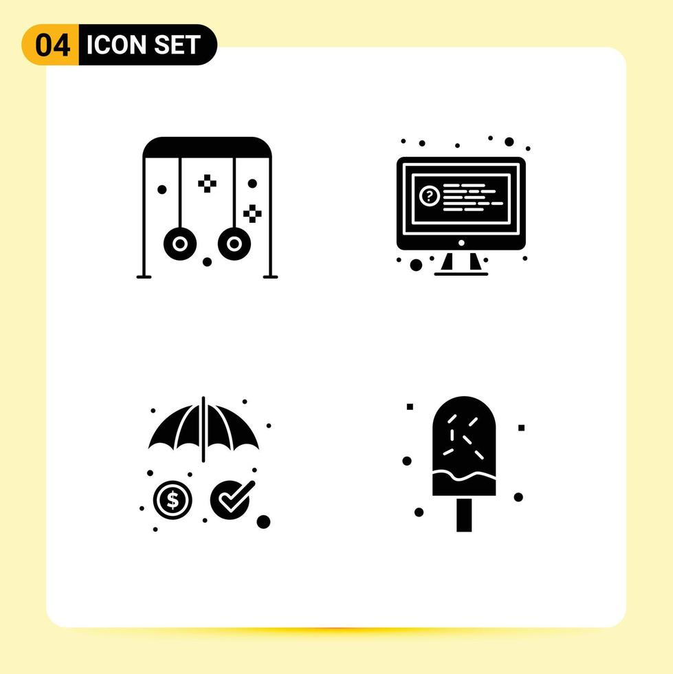 Mobile Interface Solid Glyph Set of 4 Pictograms of child insurance sports online security Editable Vector Design Elements