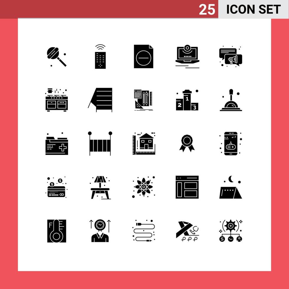 Group of 25 Modern Solid Glyphs Set for cooker speaker file conversation monitor Editable Vector Design Elements