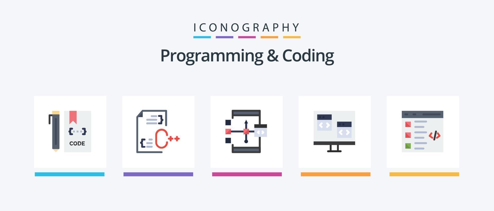 Programming And Coding Flat 5 Icon Pack Including computer. app. development. flowchart. develop. Creative Icons Design vector