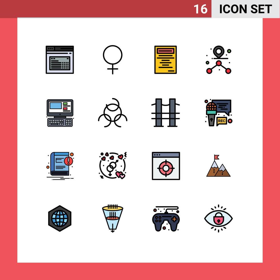 Pack of 16 Modern Flat Color Filled Lines Signs and Symbols for Web Print Media such as education monitor book computer path Editable Creative Vector Design Elements