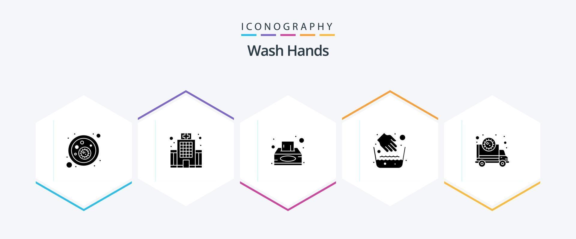 Wash Hands 25 Glyph icon pack including corona. water bowl. box. medical. hands vector