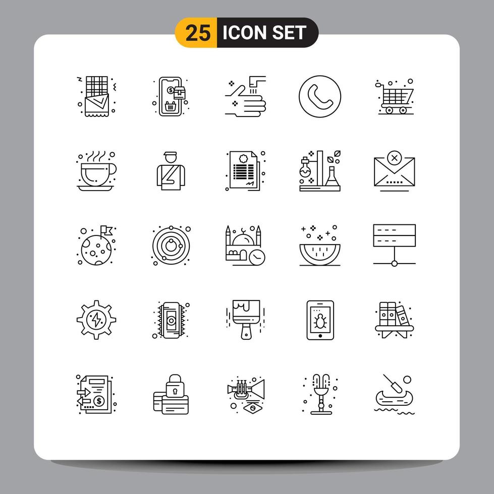 Stock Vector Icon Pack of 25 Line Signs and Symbols for cafe online shopping faucet cart handset Editable Vector Design Elements