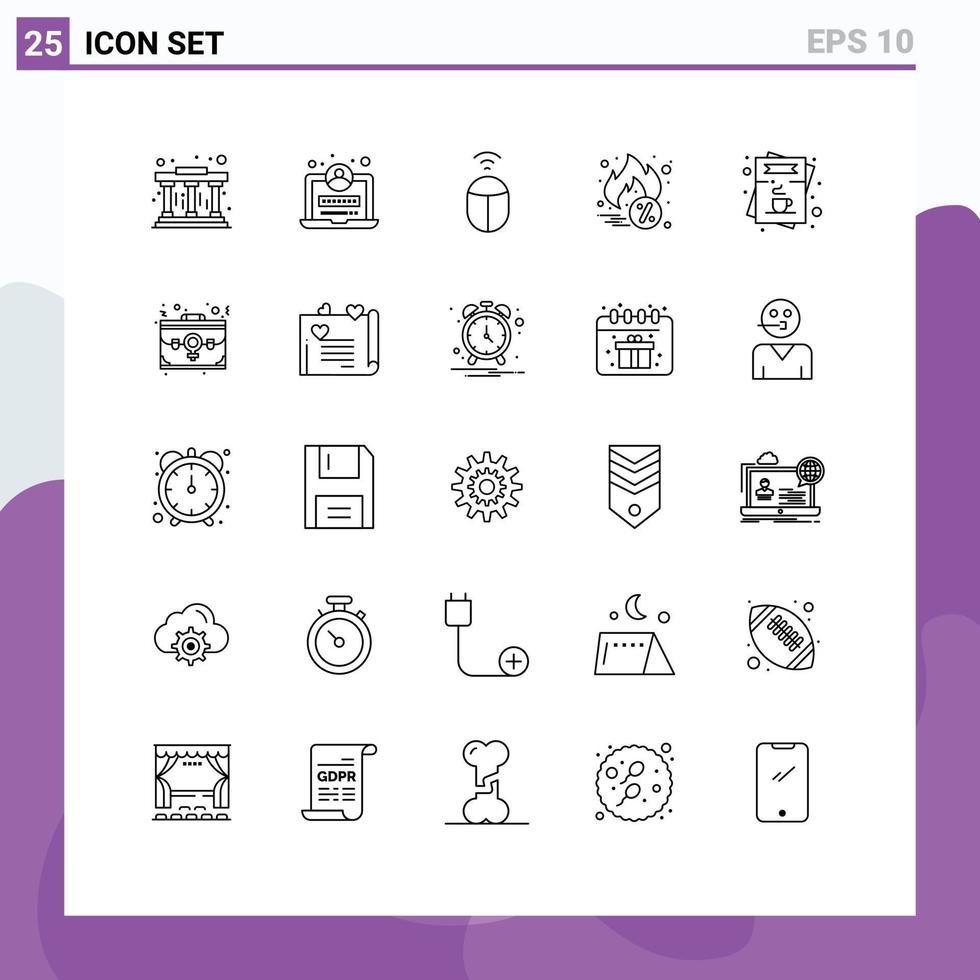 línea paquete de 25 universal símbolos de bolso menú computadora lista café editable vector diseño elementos