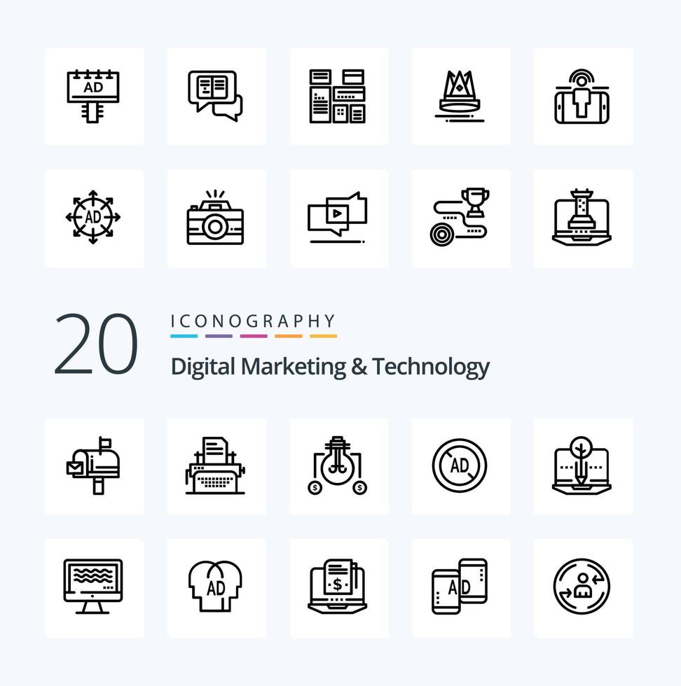 20 Digital Marketing And Technology Line icon Pack like content digital bulb ad blocker ad vector
