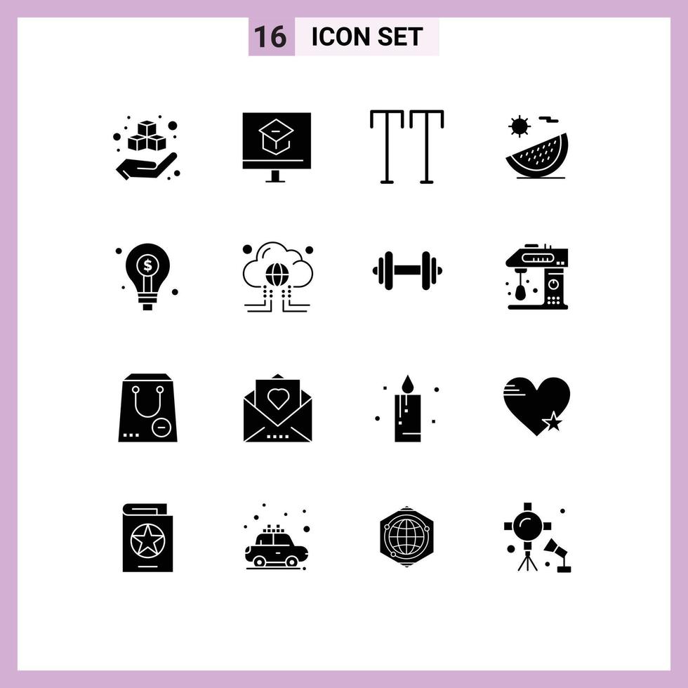 Group of 16 Modern Solid Glyphs Set for bulb summer school fruit beach Editable Vector Design Elements